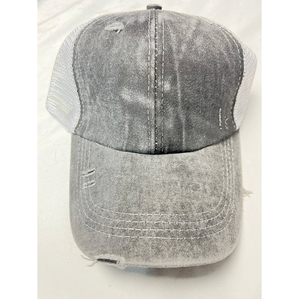 Grey Distressed Denim Ponytail Trucker Hat Criss Cross High Bun Mesh Cap‎